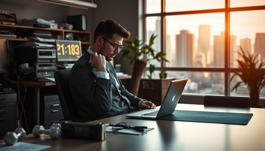 A sedentary lifestyle scene depicting the hidden dangers of prolonged sitting. In the foreground, a thoughtful individual in professional business attire is seated at a cluttered desk, surrounded by electronic devices, looking fatigued and stressed, with a slumped posture. In the middle ground, an array of health-related visual metaphors, such as weights and a neglected yoga mat, contrasts with a digital clock showing the time spent sitting. The background features a dimly lit office space, emphasizing isolation, with a window revealing a transforming urban landscape bathed in warm daylight, representing missed opportunities for movement and activity. The mood is somber yet thought-provoking, illuminated by gentle, ambient lighting to highlight the urgency of addressing sedentary living. A slight depth of field effect adds focus to the central figure, drawing the viewer into the narrative of health risks. A sedentary lifestyle scene depicting the hidden dangers of prolonged sitting. In the foreground, a thoughtful individual in professional business attire is seated at a cluttered desk, surrounded by electronic devices, looking fatigued and stressed, with a slumped posture. In the middle ground, an array of health-related visual metaphors, such as weights and a neglected yoga mat, contrasts with a digital clock showing the time spent sitting. The background features a dimly lit office space, emphasizing isolation, with a window revealing a transforming urban landscape bathed in warm daylight, representing missed opportunities for movement and activity. The mood is somber yet thought-provoking, illuminated by gentle, ambient lighting to highlight the urgency of addressing sedentary living. A slight depth of field effect adds focus to the central figure, drawing the viewer into the narrative of health risks.