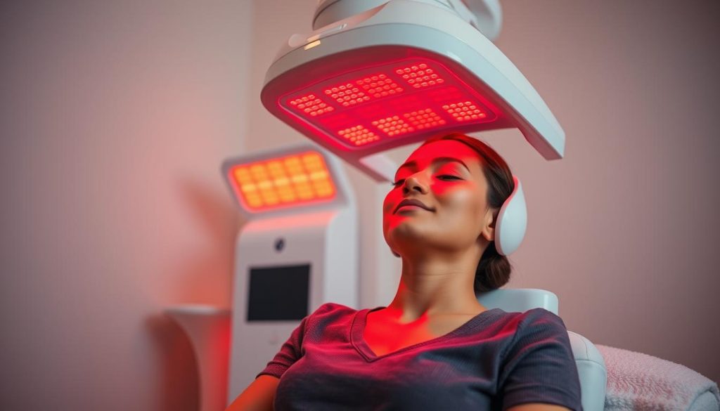A serene and modern skincare clinic interior, showcasing a woman in modest casual clothing sitting comfortably under a red light therapy device, emitting a soft, warm glow. The foreground features the woman’s relaxed face, illuminated by the LED mask, emphasizing the soothing effects of the therapy on her skin. In the middle, the sleek therapy machine with glowing red panels is visible, hinting at advanced technology. The background consists of calming pastel-colored walls and soft, ambient lighting, creating a tranquil and professional atmosphere. The angle is slightly elevated, capturing the interaction between the device and the subject, with a focus on the gentle illumination that enhances the skincare experience. The overall mood is peaceful and rejuvenating, reflecting the science and benefits of red light therapy. A serene and modern skincare clinic interior, showcasing a woman in modest casual clothing sitting comfortably under a red light therapy device, emitting a soft, warm glow. The foreground features the woman’s relaxed face, illuminated by the LED mask, emphasizing the soothing effects of the therapy on her skin. In the middle, the sleek therapy machine with glowing red panels is visible, hinting at advanced technology. The background consists of calming pastel-colored walls and soft, ambient lighting, creating a tranquil and professional atmosphere. The angle is slightly elevated, capturing the interaction between the device and the subject, with a focus on the gentle illumination that enhances the skincare experience. The overall mood is peaceful and rejuvenating, reflecting the science and benefits of red light therapy.