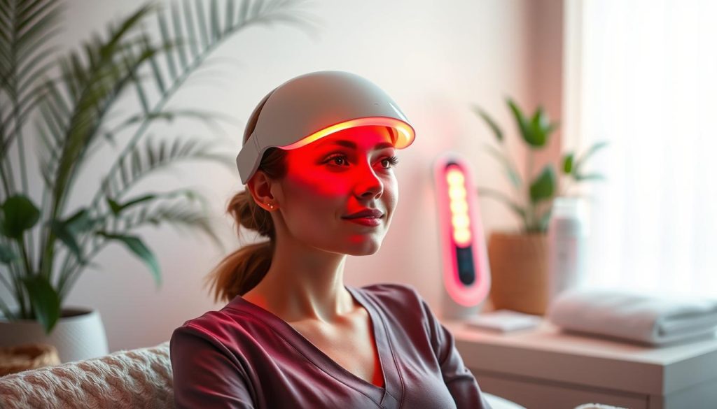 A serene spa-like setting showcasing the benefits of red light therapy for skin. In the foreground, a person with glowing, healthy skin, wearing modest, professional casual attire, sits comfortably under a softly glowing LED mask emitting vibrant red light. The middle ground features an array of advanced red light therapy devices, highlighting their sleek designs and functionality. Soft, diffused lighting bathes the scene, giving it a warm and calming atmosphere. The background is a gently blurred spa environment, decorated with lush green plants and soft textiles, enhancing the mood of relaxation and rejuvenation. The image should evoke a sense of wellness and science-backed skincare benefits without any text or overlays. A serene spa-like setting showcasing the benefits of red light therapy for skin. In the foreground, a person with glowing, healthy skin, wearing modest, professional casual attire, sits comfortably under a softly glowing LED mask emitting vibrant red light. The middle ground features an array of advanced red light therapy devices, highlighting their sleek designs and functionality. Soft, diffused lighting bathes the scene, giving it a warm and calming atmosphere. The background is a gently blurred spa environment, decorated with lush green plants and soft textiles, enhancing the mood of relaxation and rejuvenation. The image should evoke a sense of wellness and science-backed skincare benefits without any text or overlays.