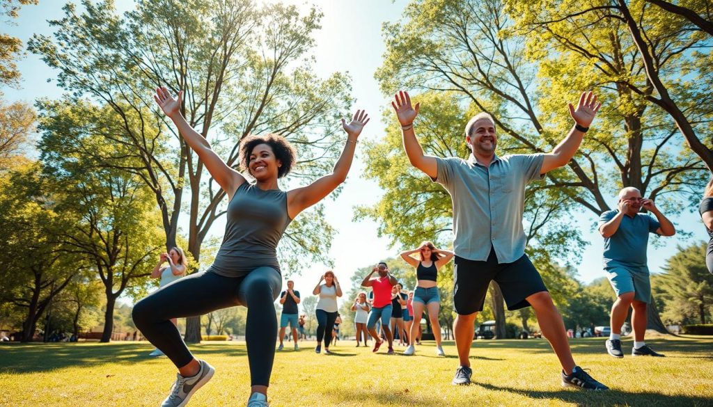 A vibrant scene depicting a diverse group of individuals engaging in micro-workouts in a bright, airy park setting. In the foreground, two people are doing quick stretching exercises, one wearing a fitted t-shirt and leggings, the other in a short-sleeved shirt and shorts, both showcasing joyful expressions. In the middle ground, a small group is performing squats and jumping jacks, emphasizing varied fitness levels and ages. The background features lush green trees and a clear blue sky, with warm sunlight filtering through the leaves, creating a cheerful and energetic atmosphere. The composition is captured at a dynamic angle, emphasizing movement and the idea of short, effective workouts. The overall mood is inspiring and motivational, encouraging an active lifestyle. A vibrant scene depicting a diverse group of individuals engaging in micro-workouts in a bright, airy park setting. In the foreground, two people are doing quick stretching exercises, one wearing a fitted t-shirt and leggings, the other in a short-sleeved shirt and shorts, both showcasing joyful expressions. In the middle ground, a small group is performing squats and jumping jacks, emphasizing varied fitness levels and ages. The background features lush green trees and a clear blue sky, with warm sunlight filtering through the leaves, creating a cheerful and energetic atmosphere. The composition is captured at a dynamic angle, emphasizing movement and the idea of short, effective workouts. The overall mood is inspiring and motivational, encouraging an active lifestyle.